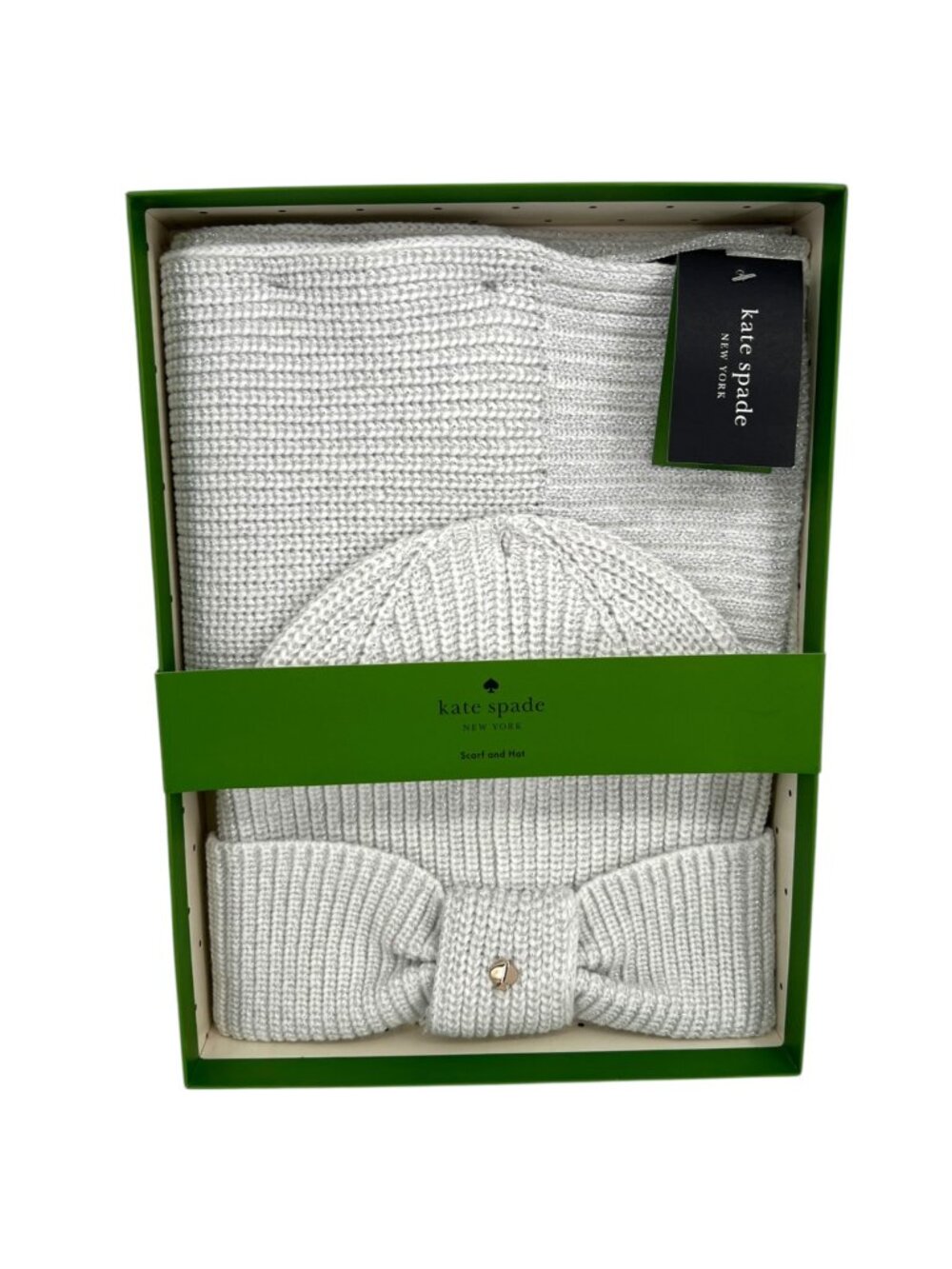 Kate Spade Metallic Knit Scarf Hat 2-Piece Set Cream Silver NWT Coquette Preppy